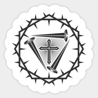 The cross of Jesus and the nails of the crucifix are framed with a crown of thorns. Sticker